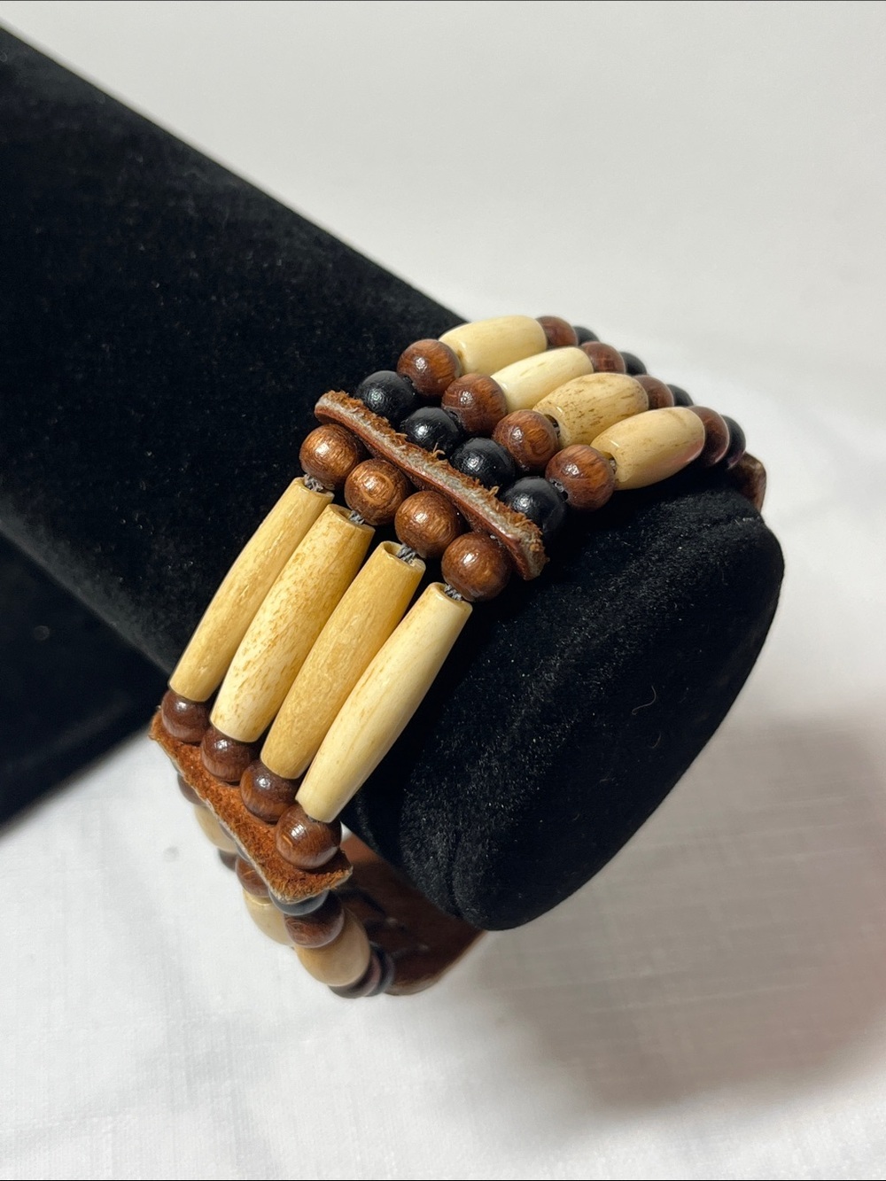 Wood Bead Bracelet in Natural Tones
Leather adjustable closure